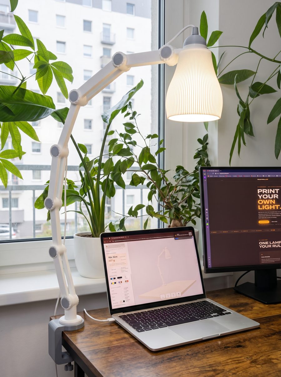 DeskLamp on a real workspace desk with a laptop and plants