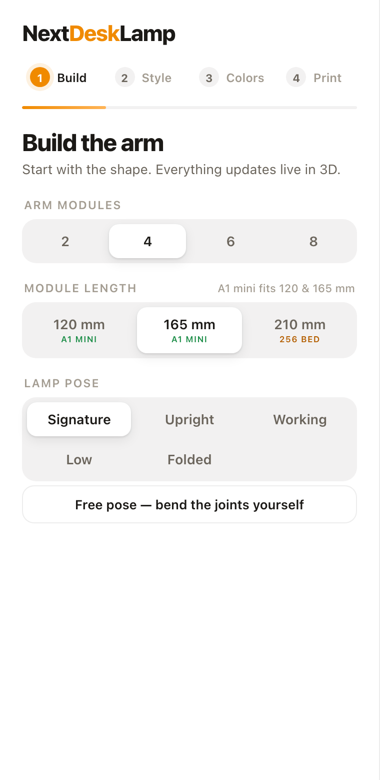Configurator step 1: arm modules, module length and pose
