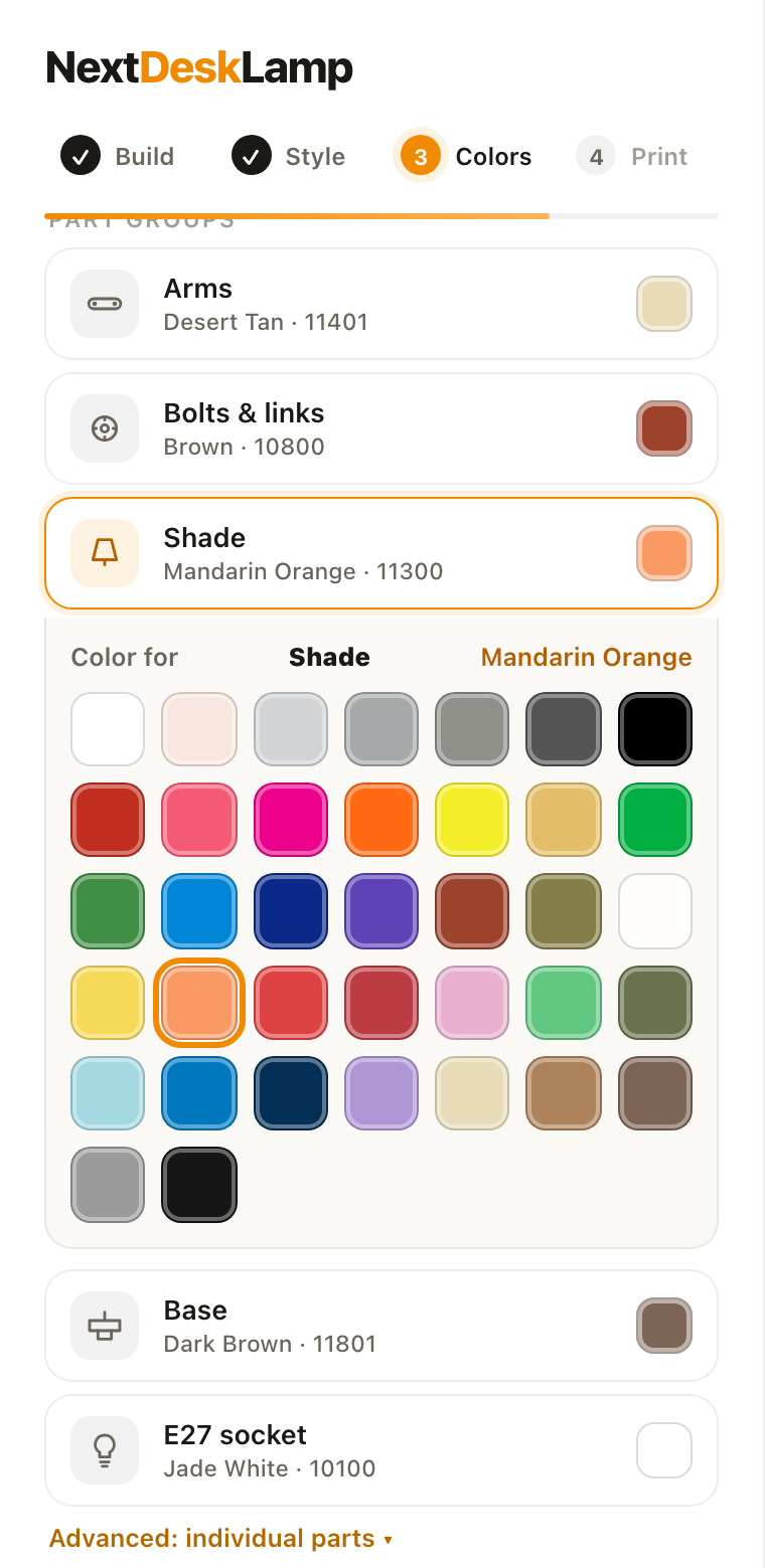 Step 3: color presets and per-part colors